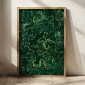 Elegant wooden-framed print from the Sage Green Japandi Botanical Wall Art collection with intricate, swirling green foliage.