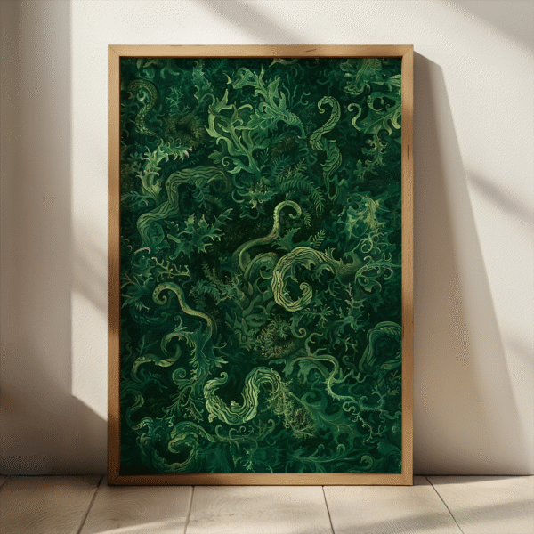 Elegant wooden-framed print from the Sage Green Japandi Botanical Wall Art collection with intricate, swirling green foliage.