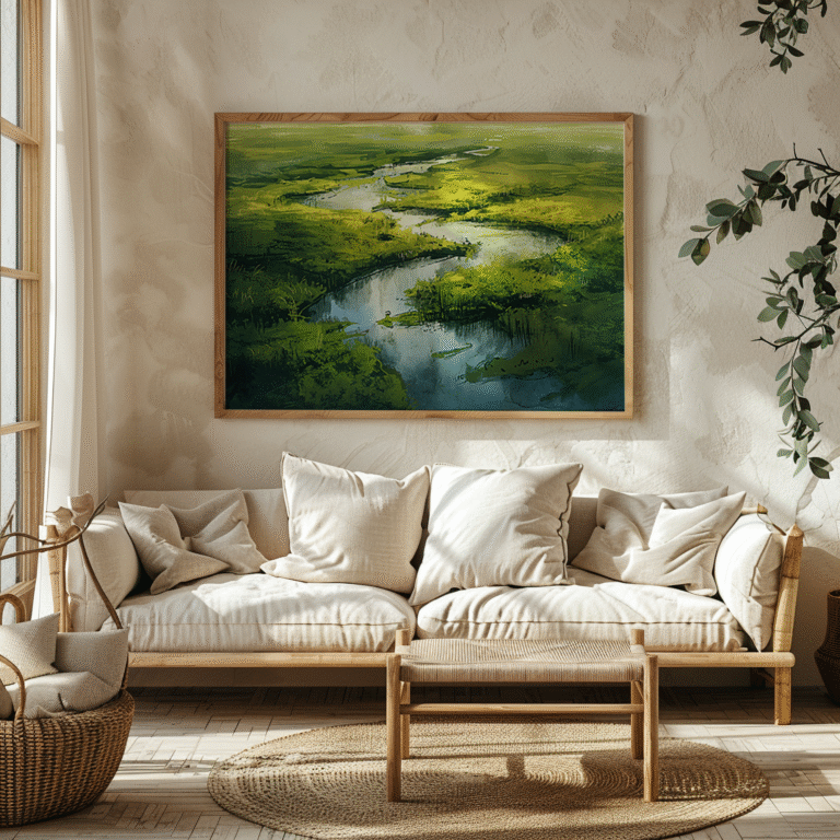 Light beige sofa with soft cushions and a wicker basket below a Free Japandi Landscape Wall Art featuring a calming green landscape.