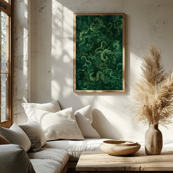 A vibrant sage-toned piece from the Sage Green Japandi Botanical Wall Art collection hangs on a textured wall beside a rustic table and white cushions.