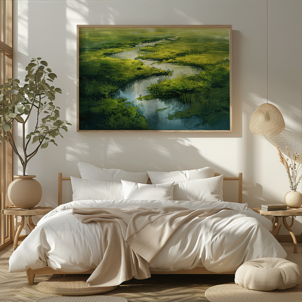 White bed with beige blanket under a Free Japandi Landscape Wall Art showing a tranquil river scene. Sunlight casts soft shadows.