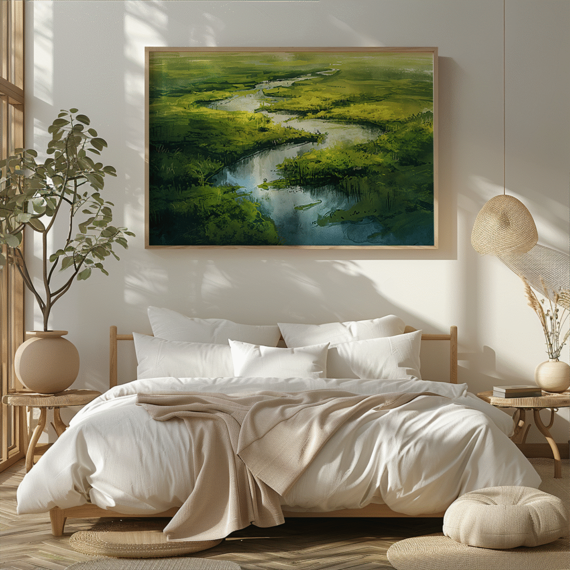 White bed with beige blanket under a Free Japandi Landscape Wall Art showing a tranquil river scene. Sunlight casts soft shadows.