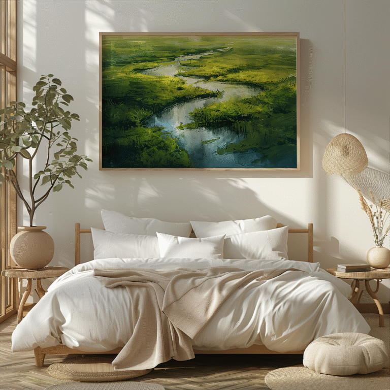 White bed with beige blanket under a Free Japandi Landscape Wall Art showing a tranquil river scene. Sunlight casts soft shadows.