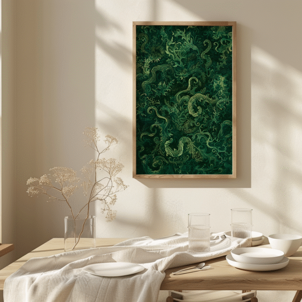 Abstract green foliage artwork from the Sage Green Japandi Botanical Wall Art collection hangs above a set table with white dishes and dried florals.