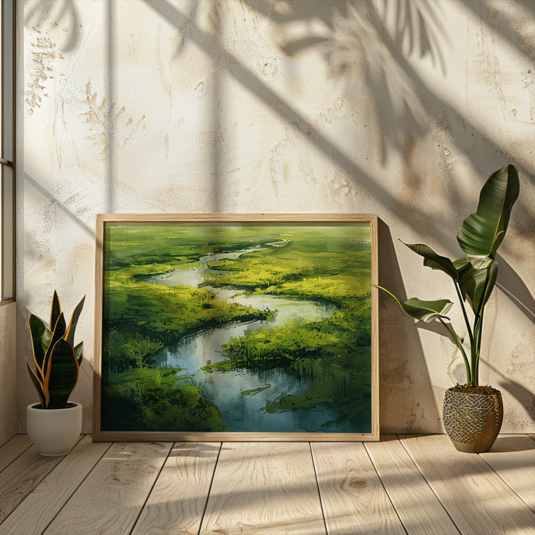A framed Free Japandi Landscape Wall Art of a winding river and lush greenery rests on a sunlit floor, flanked by potted plants.