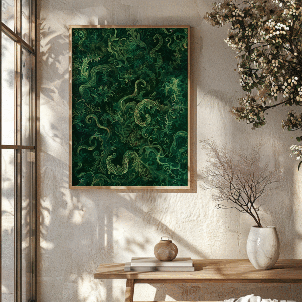 Framed sage green foliage artwork from the Sage Green Japandi Botanical Wall Art series, above a wooden table with books and dried branches.