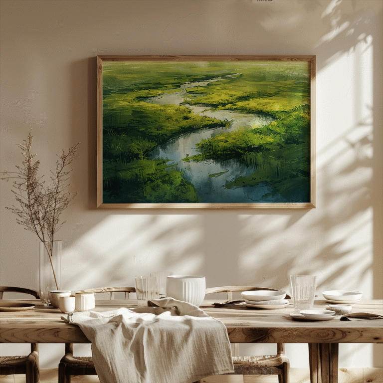 Free Japandi Landscape Wall Art depicting a river through green fields hangs above a wooden dining table set with neutral dishware.