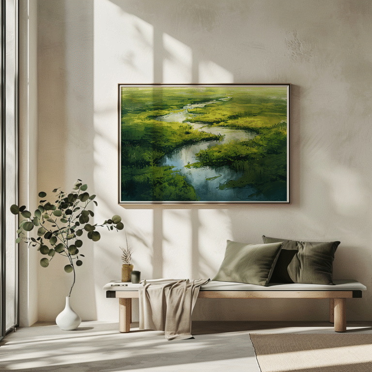 Cozy bench with green cushions and a draped blanket beneath a Free Japandi Landscape Wall Art of a winding river and greenery.