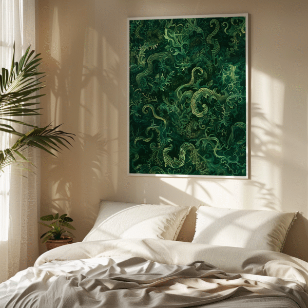 Abstract green foliage painting from the Sage Green Japandi Botanical Wall Art collection above a cream-colored bed with a potted plant nearby.