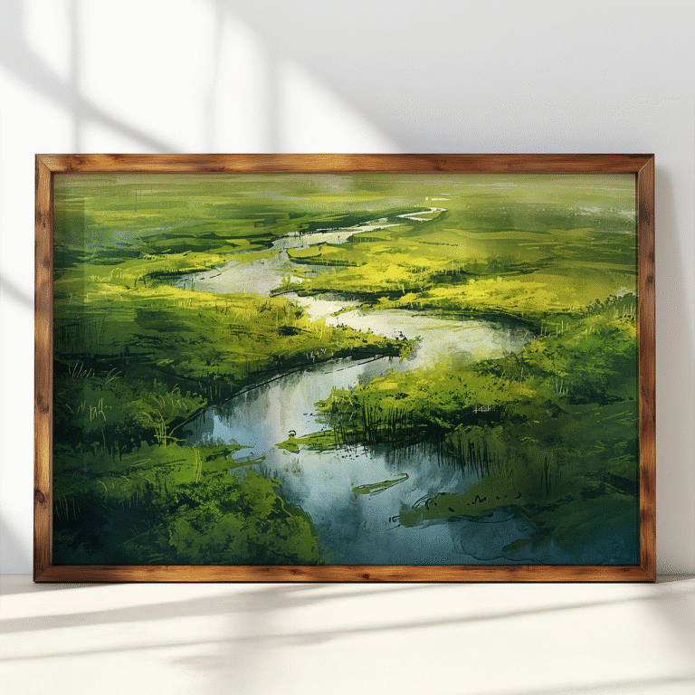 Framed Free Japandi Landscape Wall Art shows a winding river through green fields. Soft sunlight and shadows enhance the tranquil feel.