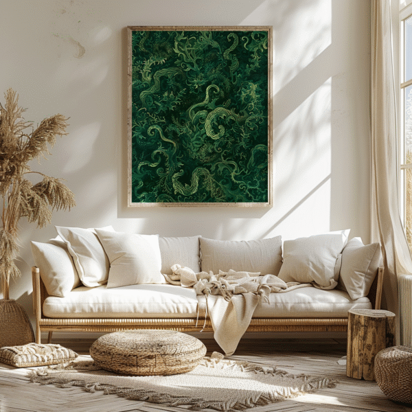Beige sofa with white pillows beneath a framed Sage Green Japandi Botanical Wall Art print in a serene living room.