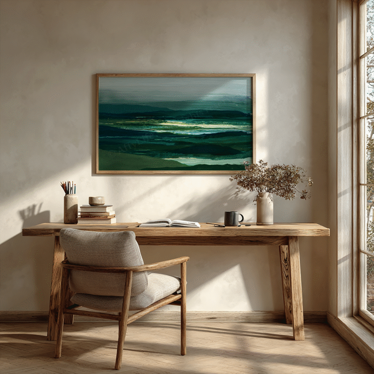 Bright room with a wooden desk, beige chair, books, a mug, and a vase of dried flowers. Above, a framed Free Sage Green Japandi Wall Art landscape painting adds a serene, natural touch. Sunlight fills the space, creating a calm and inviting vibe.