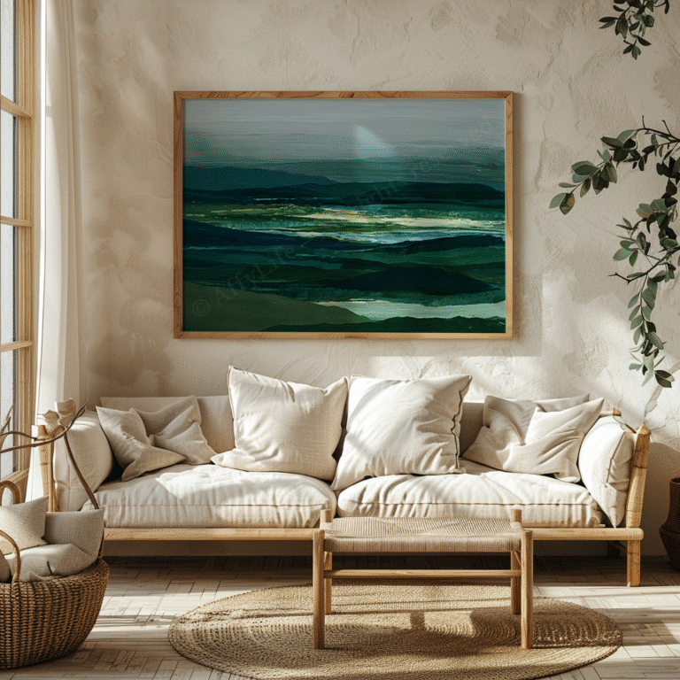 Beige sofa with plush cushions and a wooden coffee table. A large abstract Free Sage Green Japandi Wall Art in soft blue-green hues hangs above, enhancing the room’s cozy and modern aesthetic.