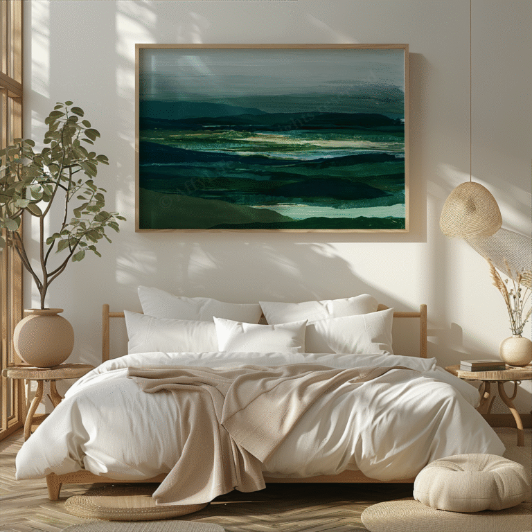 A cozy bed with white linens and a beige throw sits beneath a large Free Sage Green Japandi Wall Art print. Soft natural light and earthy decor add to the tranquil atmosphere.
