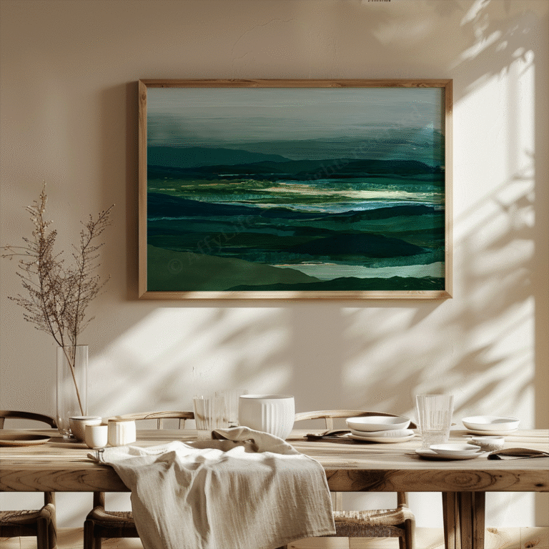 A framed Free Sage Green Japandi Wall Art in soft green hues hangs on a beige wall above a wooden dining table set with white dishes, glassware, and a beige cloth. Warm and inviting atmosphere.