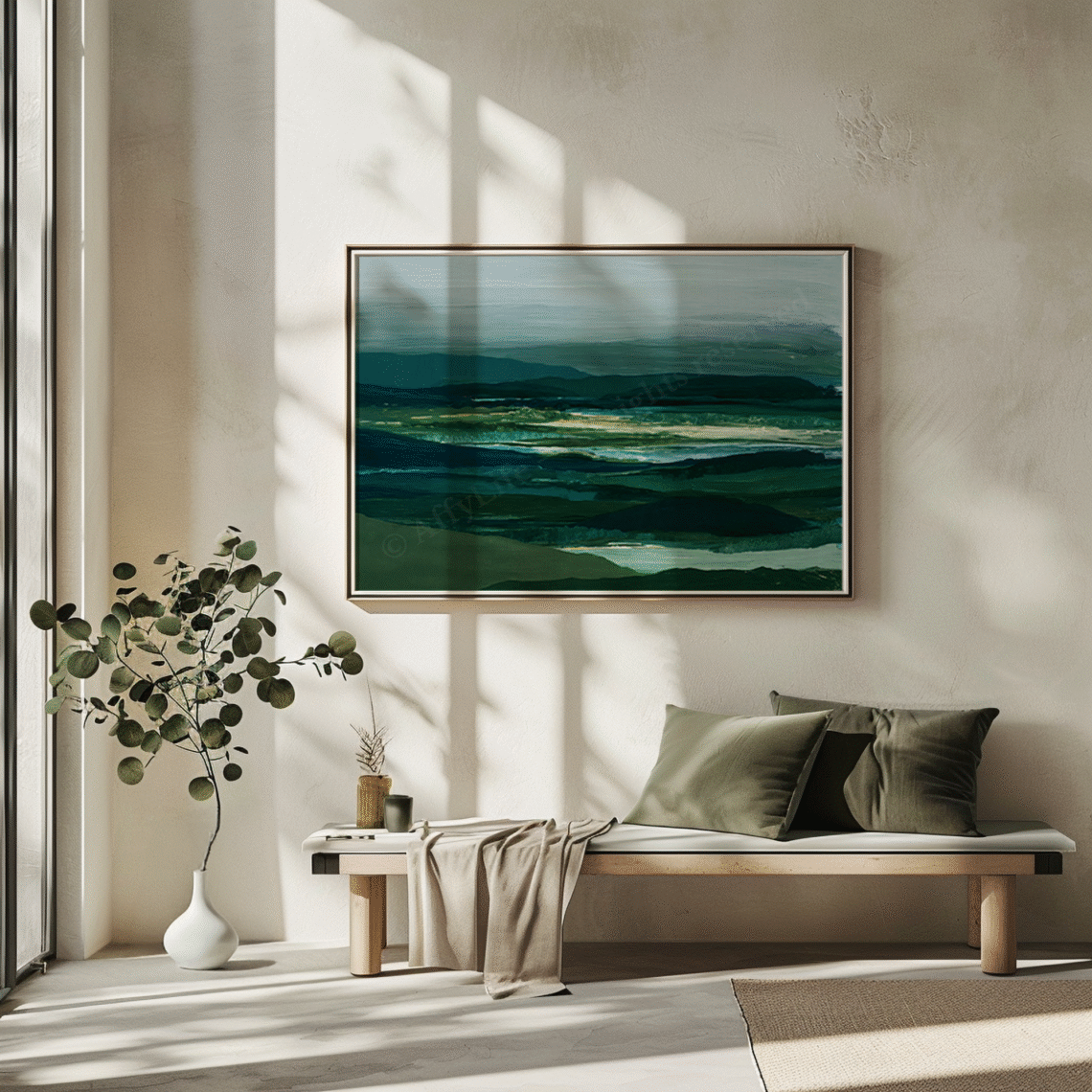 A minimalist room with a large framed Free Sage Green Japandi Wall Art in layered green abstract shapes. Sunlight casts soft shadows; a beige bench with green cushions and a draped throw sits beside a potted plant. Calm and serene atmosphere.