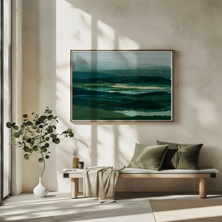 A minimalist room with a large framed Free Sage Green Japandi Wall Art in layered green abstract shapes. Sunlight casts soft shadows; a beige bench with green cushions and a draped throw sits beside a potted plant. Calm and serene atmosphere.