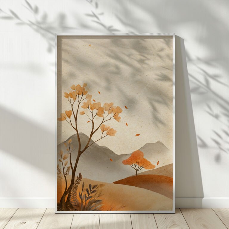 Framed free Japandi autumn print of a peaceful landscape with orange trees, rolling hills, and falling leaves. Soft shadows add depth and calm.