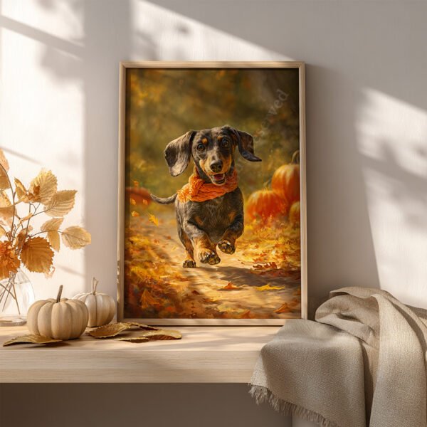 Autumn Dachshund Wall Art of a dachshund with an orange scarf running through leaves, framed on a rustic shelf with white pumpkins and dried foliage.