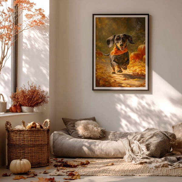 Autumn Dachshund Wall Art in a cozy room with pillows, a basket, and pumpkins. A framed portrait of a dachshund in fall attire adds warmth and charm.