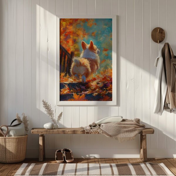 Autumn Corgi Pastel Art of a corgi surrounded by bright orange, yellow, and blue hues, with bold text reading “Bold Color. Sharp Detail. Instant Joy.”