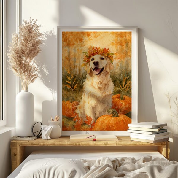 Golden Retriever Fall Watercolor Art framed on a sunlit wall above a rustic wooden bench, showing a smiling dog with a crown of autumn leaves and pumpkins.
