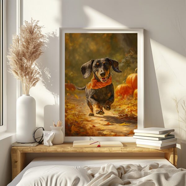 Autumn Dachshund Wall Art featuring a dachshund in a scarf surrounded by autumn leaves and pumpkins, displayed in a wooden frame on a bench with books and a vase.