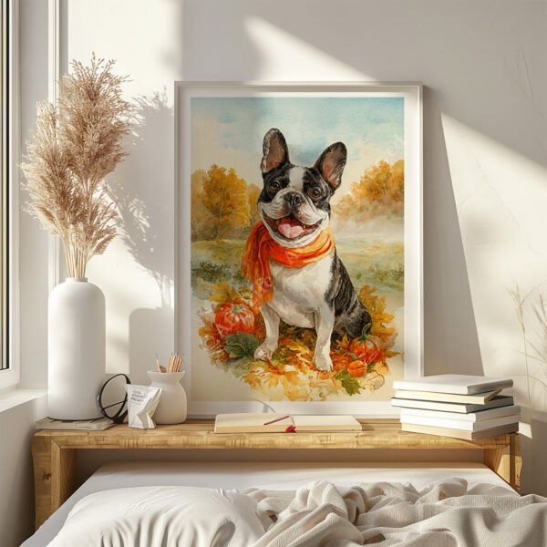 Framed French Bulldog Autumn Wall Art painting of a cheerful dog in an orange scarf, placed on a wooden table with pumpkins and leaves in a cozy autumn-themed room.
