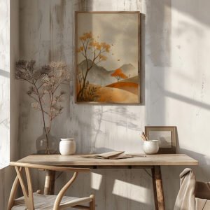 A rustic wooden desk beneath a framed free Japandi autumn print with orange and brown tones, illuminated by soft natural light.