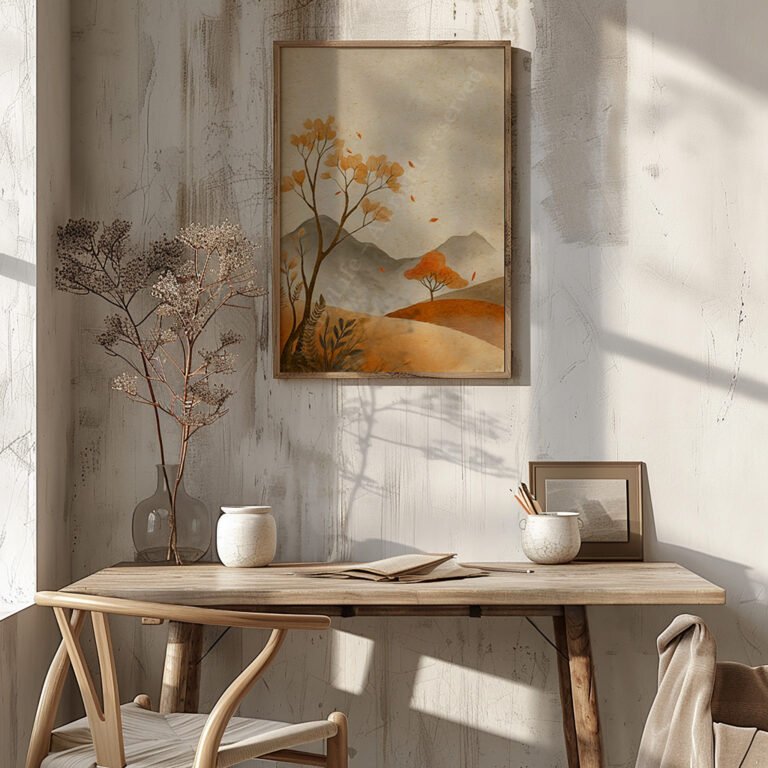 A rustic wooden desk beneath a framed free Japandi autumn print with orange and brown tones, illuminated by soft natural light.