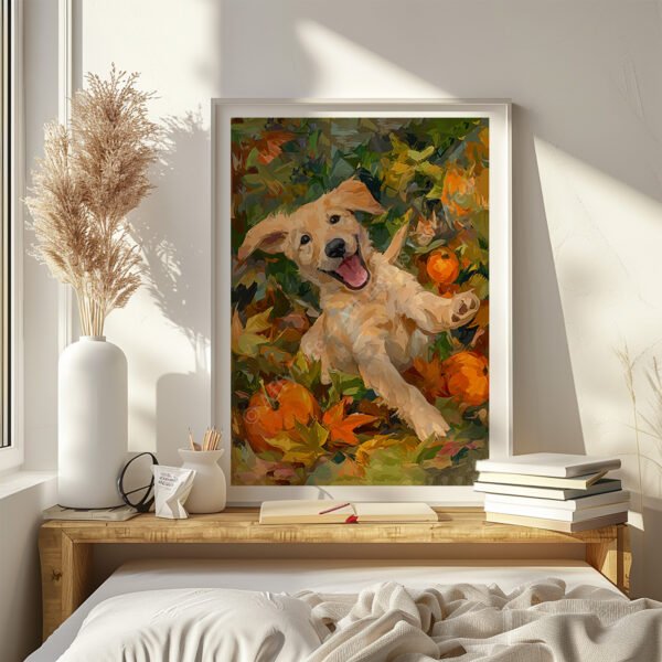 A rustic kitchen wall featuring Autumn Puppy Wall Art of a playful fall scene with warm autumn leaves. Sunlight highlights mugs and wooden textures.