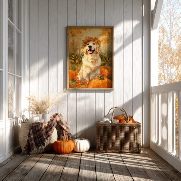 Golden Retriever Fall Watercolor Art displayed on a cozy porch with pumpkins and a plaid blanket, featuring a retriever with a crown of leaves.