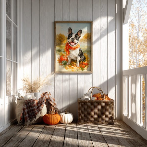 French Bulldog Autumn Wall Art framed painting displayed on a white wooden porch wall, surrounded by pumpkins, plaid blankets, and autumn decorations.