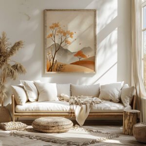 A cozy living room with beige sofa and cushions, decorated with a textured free Japandi autumn print of trees and leaves.