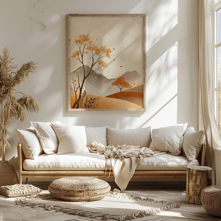 A cozy living room with beige sofa and cushions, decorated with a textured free Japandi autumn print of trees and leaves.