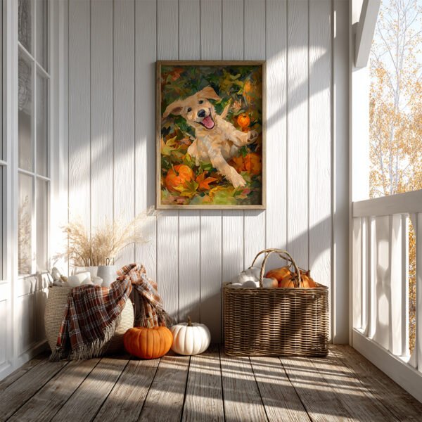 Framed Autumn Puppy Wall Art poster with fall leaves, displayed on a white paneled wall near rustic textures and cozy textiles.
