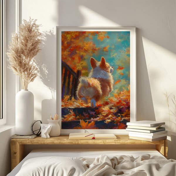 Autumn Corgi Pastel Art framed above a wooden bench with books and vases, showing a corgi surrounded by soft, colorful fall foliage in sunlight.