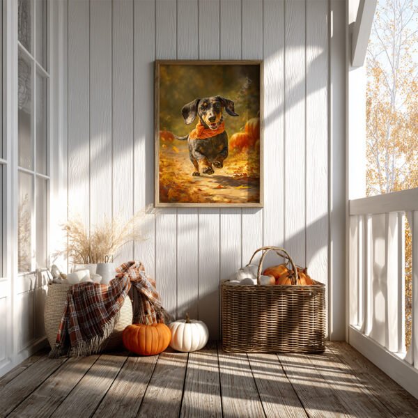 Autumn Dachshund Wall Art displayed on a bright porch with white paneling, pumpkins, plaid blankets, and baskets, featuring a dachshund in fall colors.