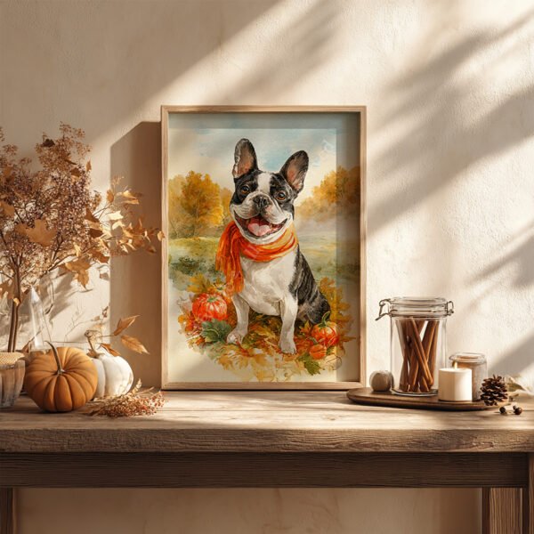 French Bulldog Autumn Wall Art featuring a dog in an orange scarf sitting among pumpkins and autumn leaves, framed on a textured wall with warm fall tones.