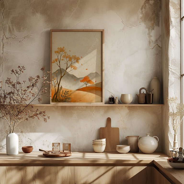 A kitchen with wooden shelves and ceramics, illuminated by warm sunlight, featuring a framed free Japandi autumn print in earthy tones.