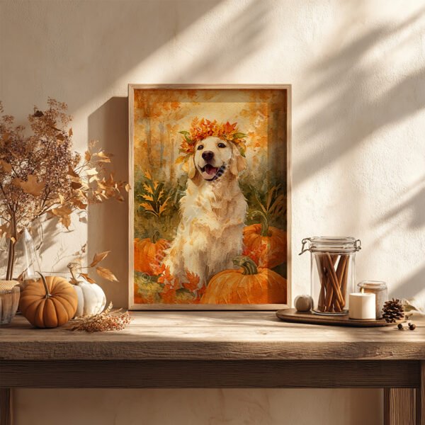 Golden Retriever Fall Watercolor Art of a cheerful retriever with a crown of leaves, displayed on a rustic wooden shelf surrounded by pumpkins and dried foliage.