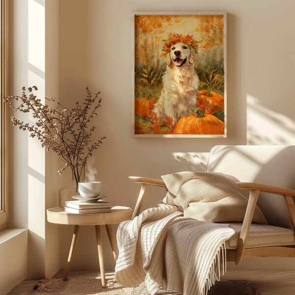 Golden Retriever Fall Watercolor Art framed in a cozy sunlit corner with a chair, blanket, and a steaming cup, showing a retriever with pumpkins and leaves.