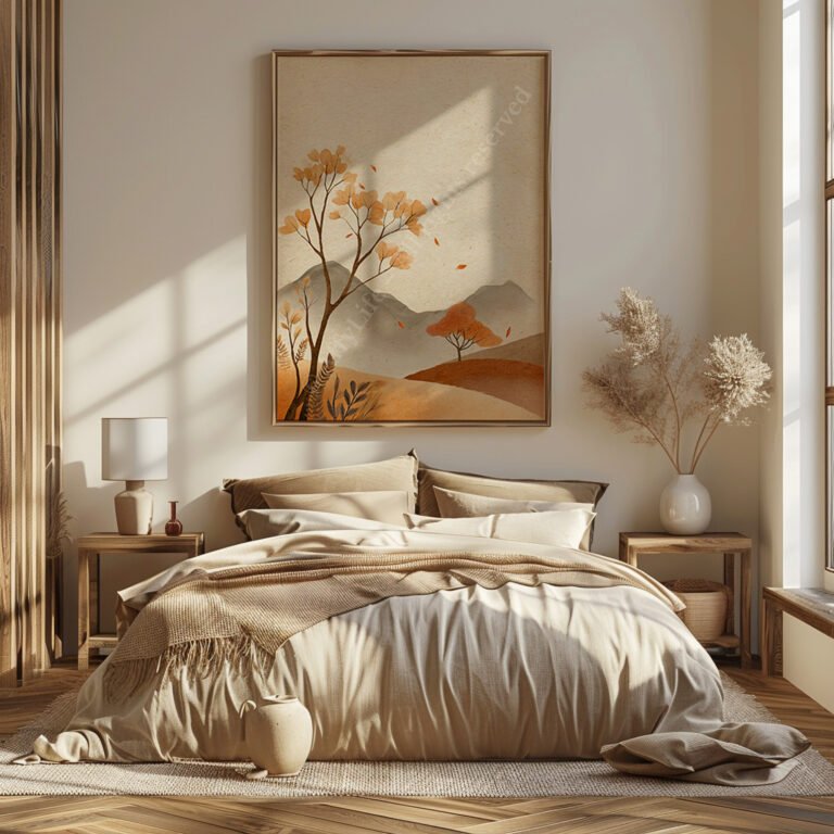 Neutral-toned bedroom with beige bedding, wooden nightstands, and a large framed free Japandi autumn print above the bed.
