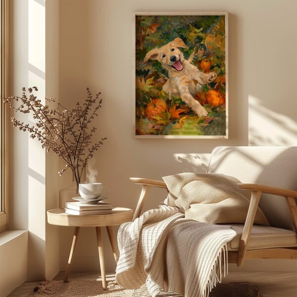 Cozy cafe with autumn accents featuring framed Autumn Puppy Wall Art in warm tones with falling leaves.