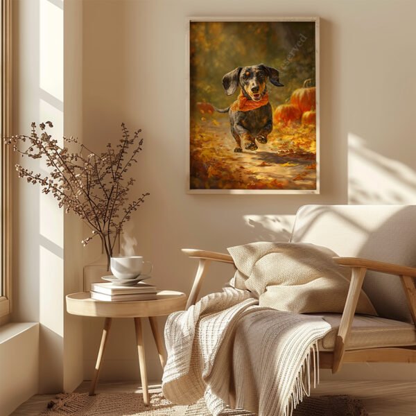 Autumn Dachshund Wall Art in a cozy room with sunlight streaming through, showing a dachshund in fall colors above a chair with a beige throw, round table, steaming cup, and books.