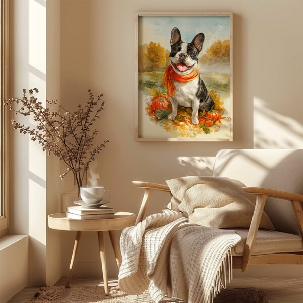 French Bulldog Autumn Wall Art watercolor of a cheerful dog wearing an orange scarf, set against a vivid autumn landscape with orange trees and bold text above reading “Bold Color. Sharp Detail. Instant Joy.”