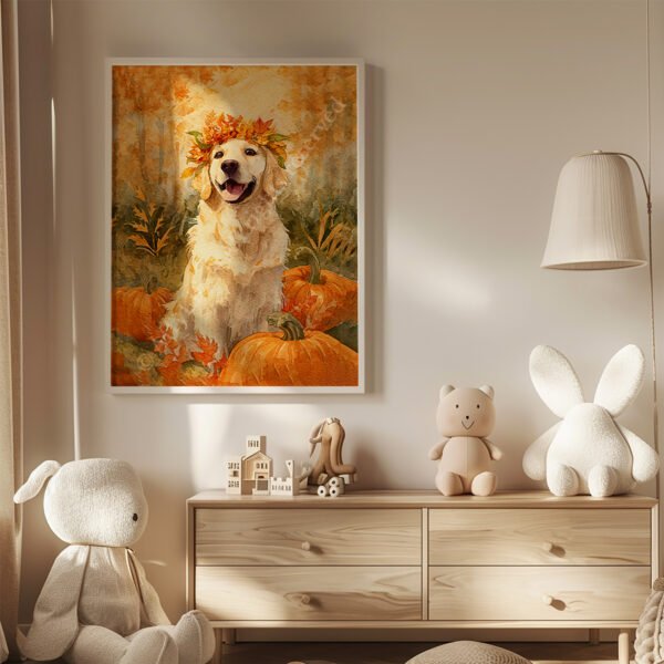 Golden Retriever Fall Watercolor Art of a smiling retriever with a crown of autumn leaves, surrounded by pumpkins in a cozy room with plush toys and a lamp.