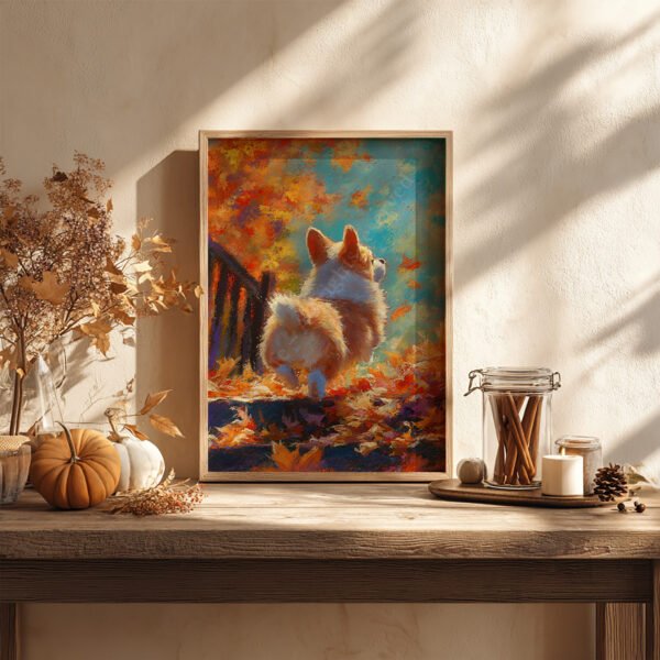 Autumn Corgi Pastel Art showing a corgi in colorful leaves, resting on a wooden shelf with pumpkins, candles, and dried autumn foliage.