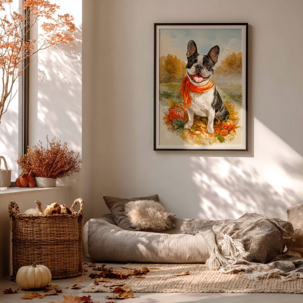 French Bulldog Autumn Wall Art featuring a smiling French Bulldog in an orange scarf sitting among pumpkins and autumn leaves, with colorful trees in the background.