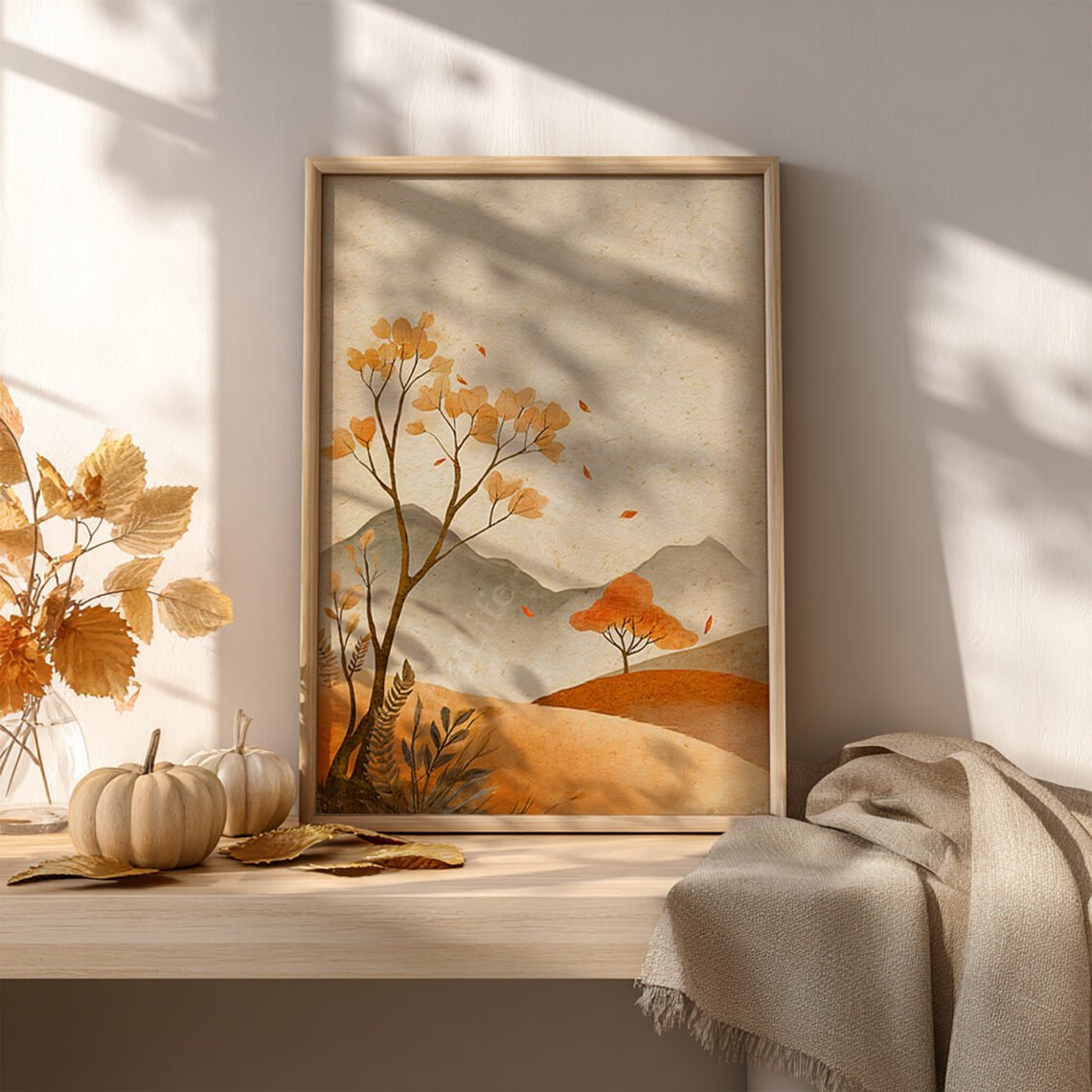 A framed free Japandi autumn print of orange trees and mountains rests on a wooden table, surrounded by pumpkins and autumn leaves.
